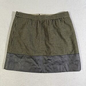 J. Crew‎ Olive Green Black Gingham Plaid Faux Leather Border Hem Skirt 12
